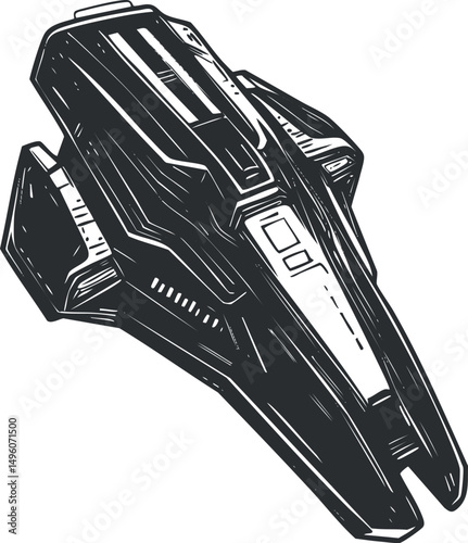Black and white vector illustration of a futuristic spaceship or starship designed for space exploration and travel.