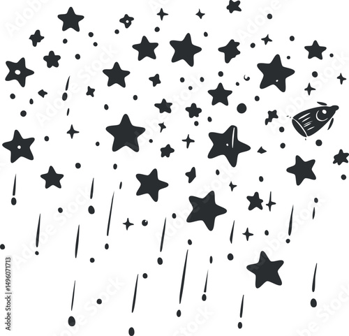 Black and white illustration of stars and a small rocket flying through space with trailing dots and shapes