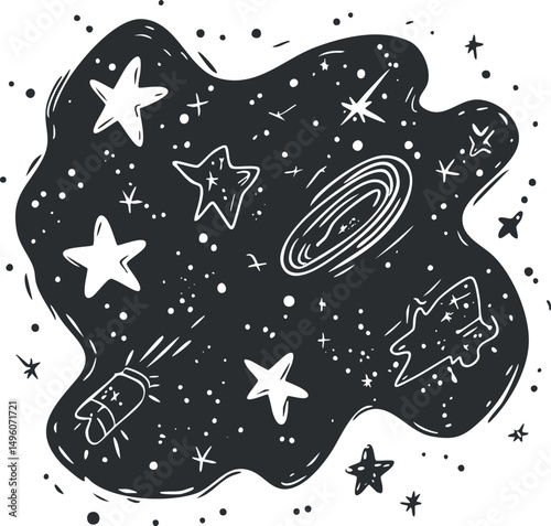Black and white abstract illustration of outer space with stars, comets, and galaxies