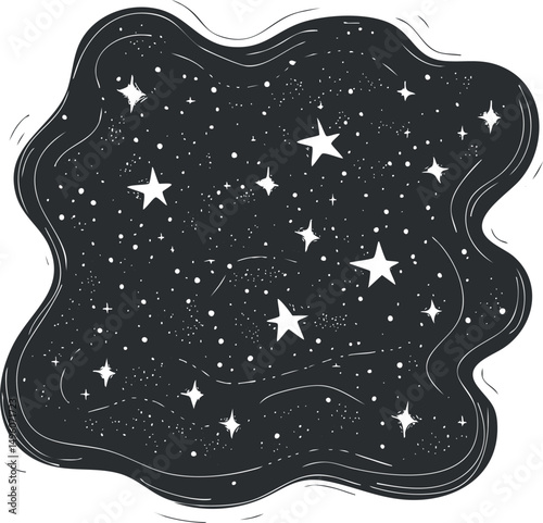 Abstract black and white illustration of stars scattered in a cosmic night sky with a wavy border