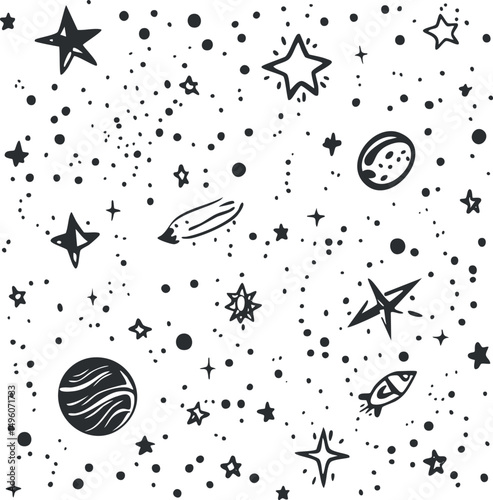 Hand drawn black and white space pattern with stars, planets, comets, and celestial bodies