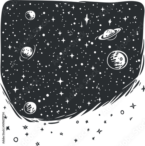 Black and white illustration of outer space with stars and various planets including a ringed planet