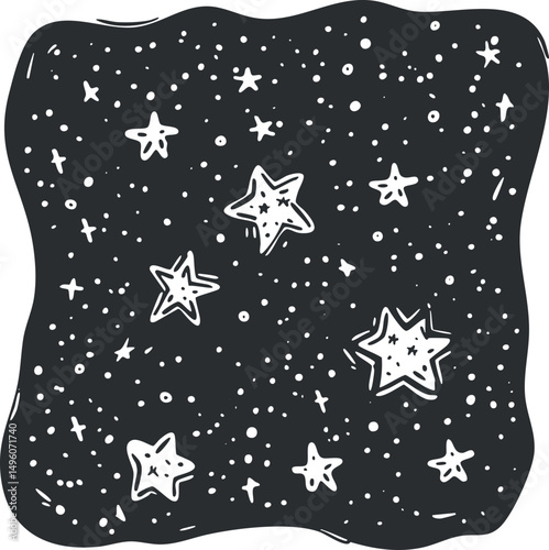 Black and white illustration of a starry night sky with scattered stars and dots