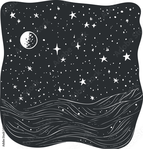 Black and white illustration of a starry night sky with moon and wavy hills under celestial space