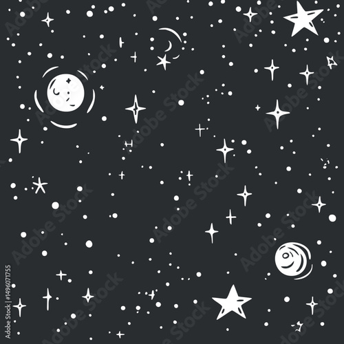 Hand-drawn black and white illustration of stars and moon in a starry night sky background