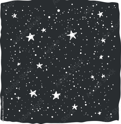 Hand-drawn black and white illustration of a starry night sky with scattered stars and dots