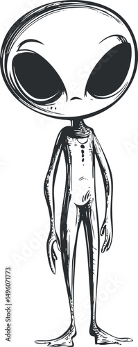 Black and white sketch illustration of a cartoon alien with large eyes and slender body standing upright.