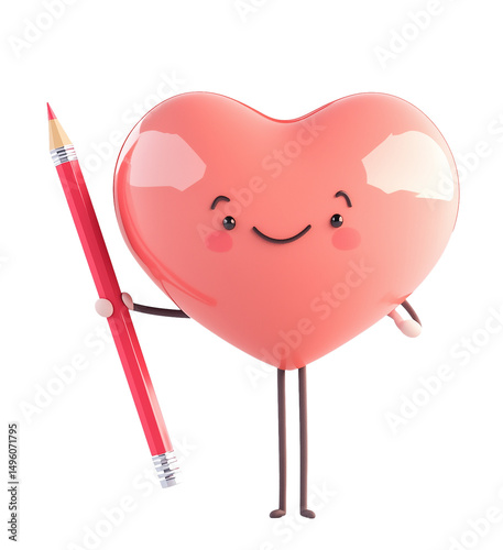 Cute heart character smiling and holding red pencil cartoon

