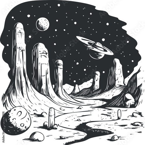 Black and white drawing of an alien planet landscape with tall rock formations, moons, and stars in space.