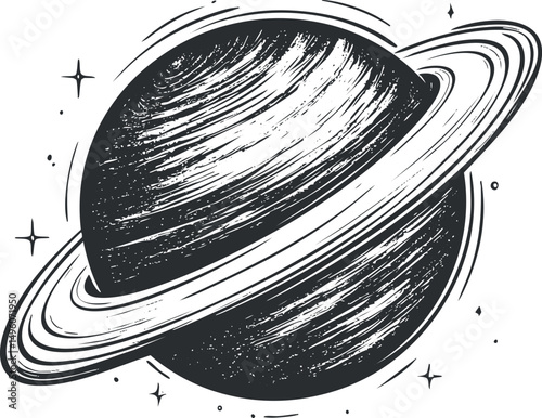 Black and white sketch illustration of a ringed planet in outer space surrounded by stars