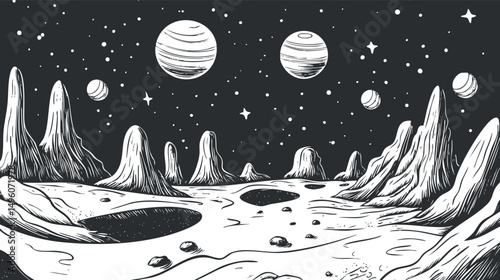 Black and white illustration of an alien rocky landscape with craters and multiple planets in the starry sky.