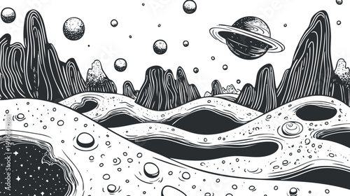 Black and white drawing of an alien planet surface with craters mountains and a ringed planet in the sky