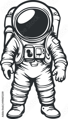 Black and white illustration of an astronaut wearing a detailed space suit and helmet, symbolizing space exploration and science.