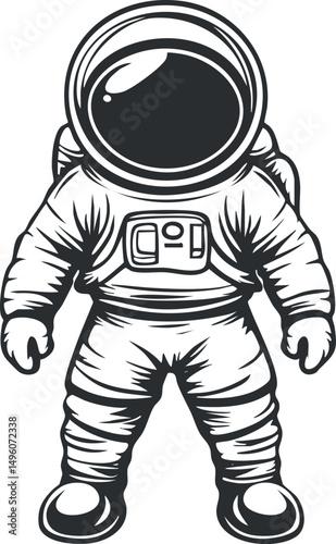 Black and white illustration of an astronaut in a space suit standing upright with helmet visor reflecting light