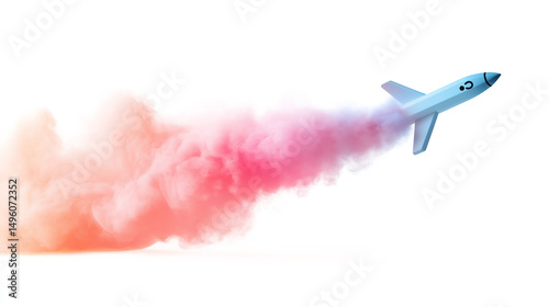 Jet airplane flying with colorful pink smoke trail

