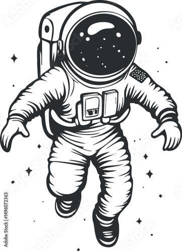 Black and white illustration of an astronaut floating in space surrounded by stars wearing a spacesuit and helmet.