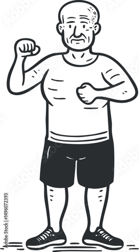 Illustration of an older bald man in sportswear showing muscle strength and confidence on a white background