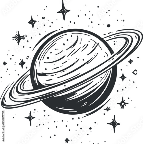 Black and white illustration of a ringed planet surrounded by stars and cosmic elements in space