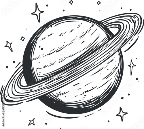 Black and white sketch illustration of a ringed planet with stars in space background