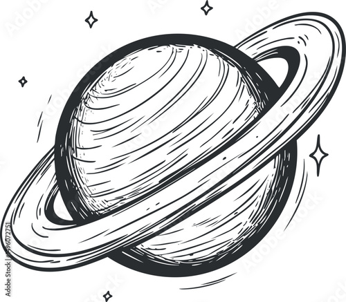 Black and white sketch illustration of a ringed planet resembling Saturn with stars in space.