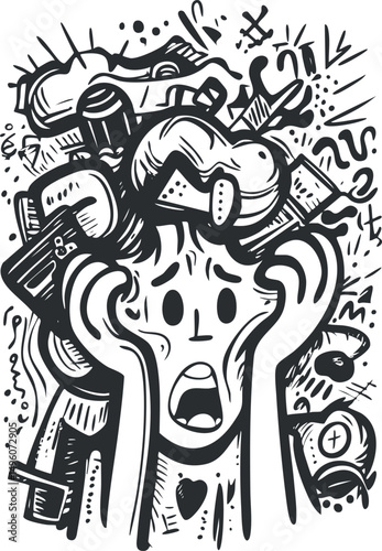 Black and white doodle illustration of a stressed and overwhelmed person holding their head with chaotic symbols around