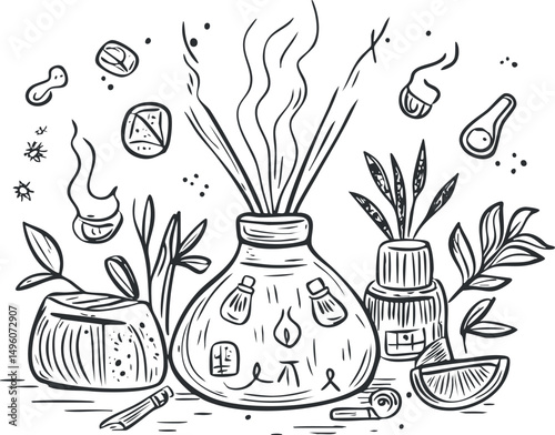 Black and white sketch of incense sticks burning with smoke surrounded by plants and herbs for aromatherapy and relaxation