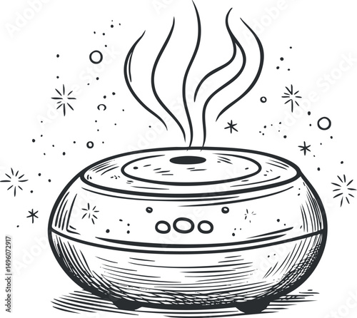 Hand-drawn illustration of a round essential oil diffuser releasing steam and surrounded by decorative stars and dots
