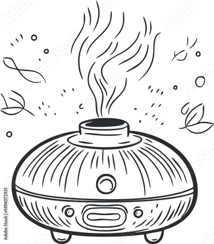 Line art illustration of a compact aroma diffuser emitting steam for air purification and wellness