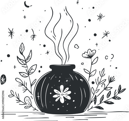 Black and white hand-drawn illustration of a steaming jar with floral decorations and surrounding plants