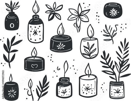 Hand drawn black and white illustration of various candles with flames and botanical leaves in decorative jars and holders