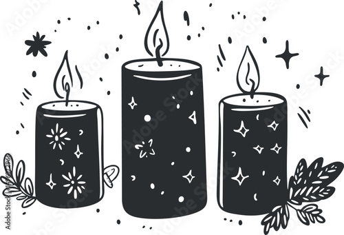 Black and white illustration of three burning candles with decorative sparkles and herb leaves