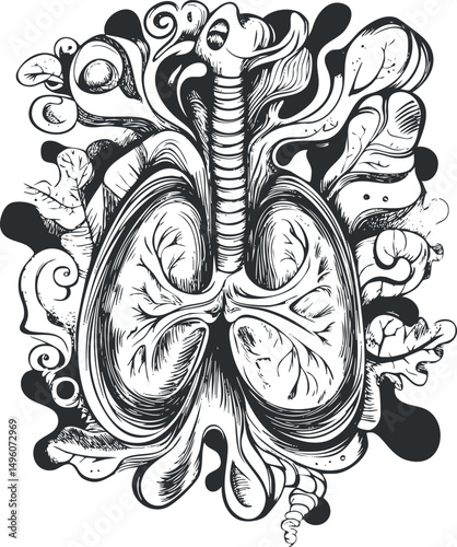 Black and white artistic illustration of human lungs with trachea and bronchi, detailed anatomical drawing