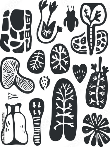 Black and white stylized biology and anatomy illustration showing various microscopic cells and organ structures