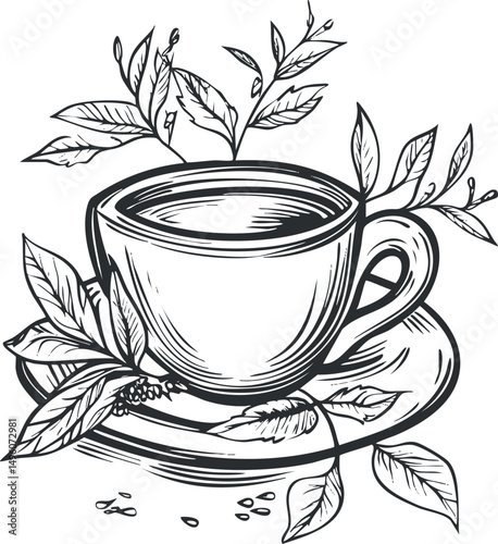 Black and white line art illustration of a tea cup on a saucer surrounded by tea leaves and branches.