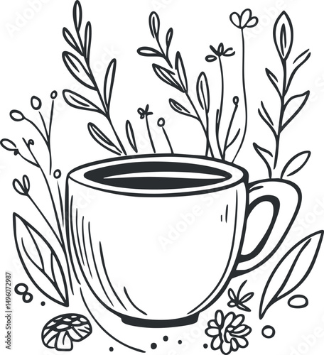 Black and white line art illustration of a coffee cup surrounded by flowers and leaves
