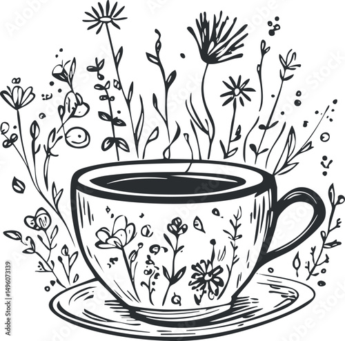 Black and white sketch of a cup with floral decorations and flowers growing out of it symbolizing nature and refreshment