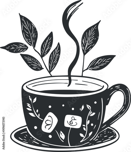 Black and white illustration of a steaming cup of tea with leaves and decorative patterns on a saucer