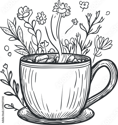 Black and white line art of a cup filled with herbal tea and various flowers and leaves growing from it, symbolizing natural and organic beverage.