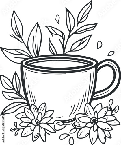 Black and white line drawing of a cup surrounded by flowers and leaves, representing herbal tea or natural beverage