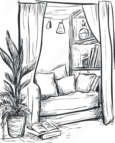 Black and white sketch of a cozy reading nook with couch, pillows, curtains, bookshelf, and plants for home interior design and relaxation.