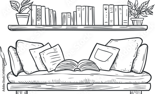 Black and white line drawing of a cozy sofa with cushions and an open book below a bookshelf with books and potted plants.