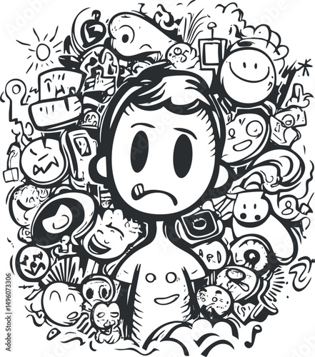 Black and white doodle illustration of a confused cartoon character surrounded by abstract funny sketches and symbols.