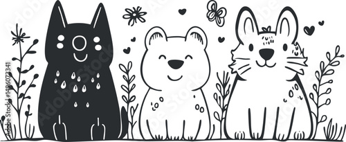 Black and white cartoon illustration of a happy bear, cat, and dog surrounded by plants and flowers