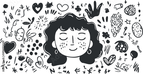 Black and white illustration of a calm woman with curly hair surrounded by abstract doodles and hearts