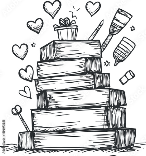 Hand drawn stack of books with art supplies and love hearts around illustrating education and creativity