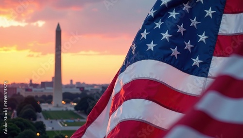 American flag displayed against Washington DC skyline , clouds, summer, structures