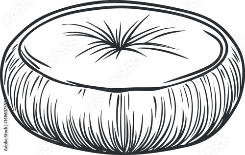 Black and white hand drawn illustration of a half coconut showing the shell and inner flesh of the tropical fruit