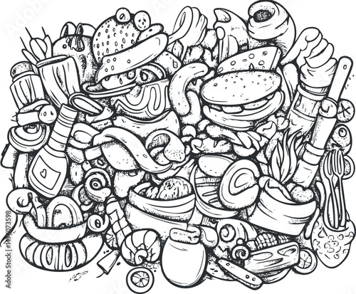 Black and white illustration of various fast food items including burgers, hot dogs, fries, condiments, and drinks arranged in a detailed composition