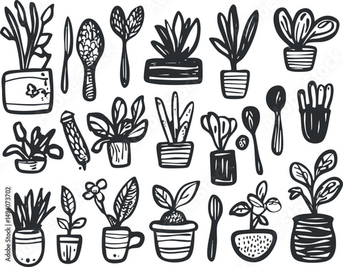 Hand-drawn black and white illustration of various potted plants and leaves with simple outlines