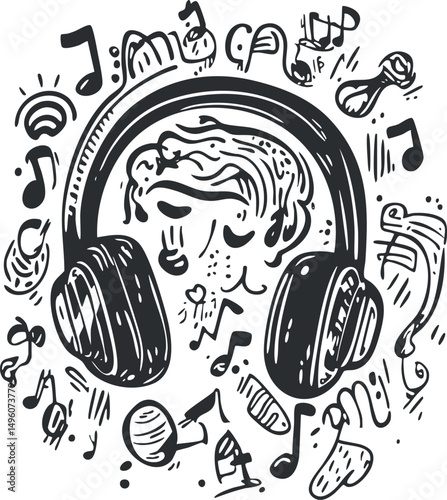 Black and white sketch illustration of headphones surrounded by various musical notes and symbols representing music and audio listening.